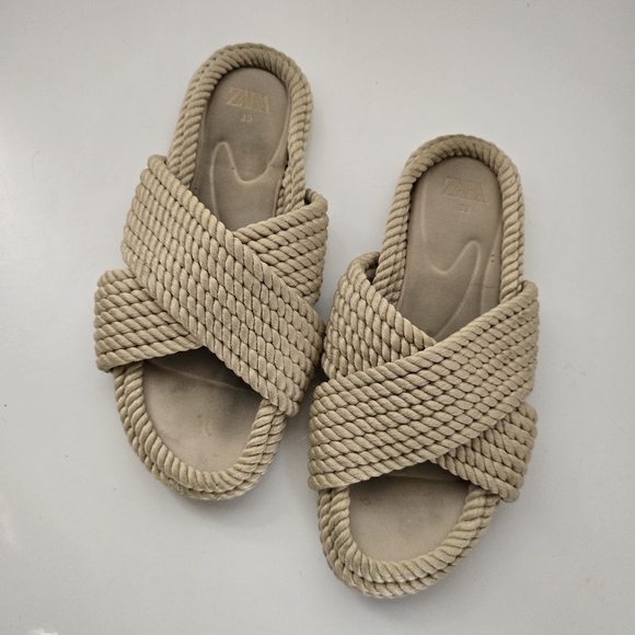 ZARA Neutral Rope Bohemian Slide Slip On Sandals Size 8 - Picture 4 of 9